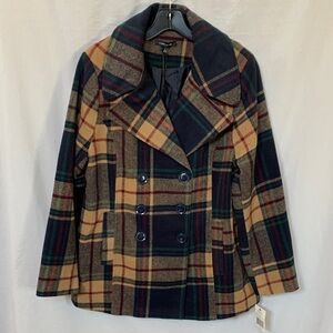 Larry Levine Navy, Tan & Green Plaid Double-Breasted Peacoat